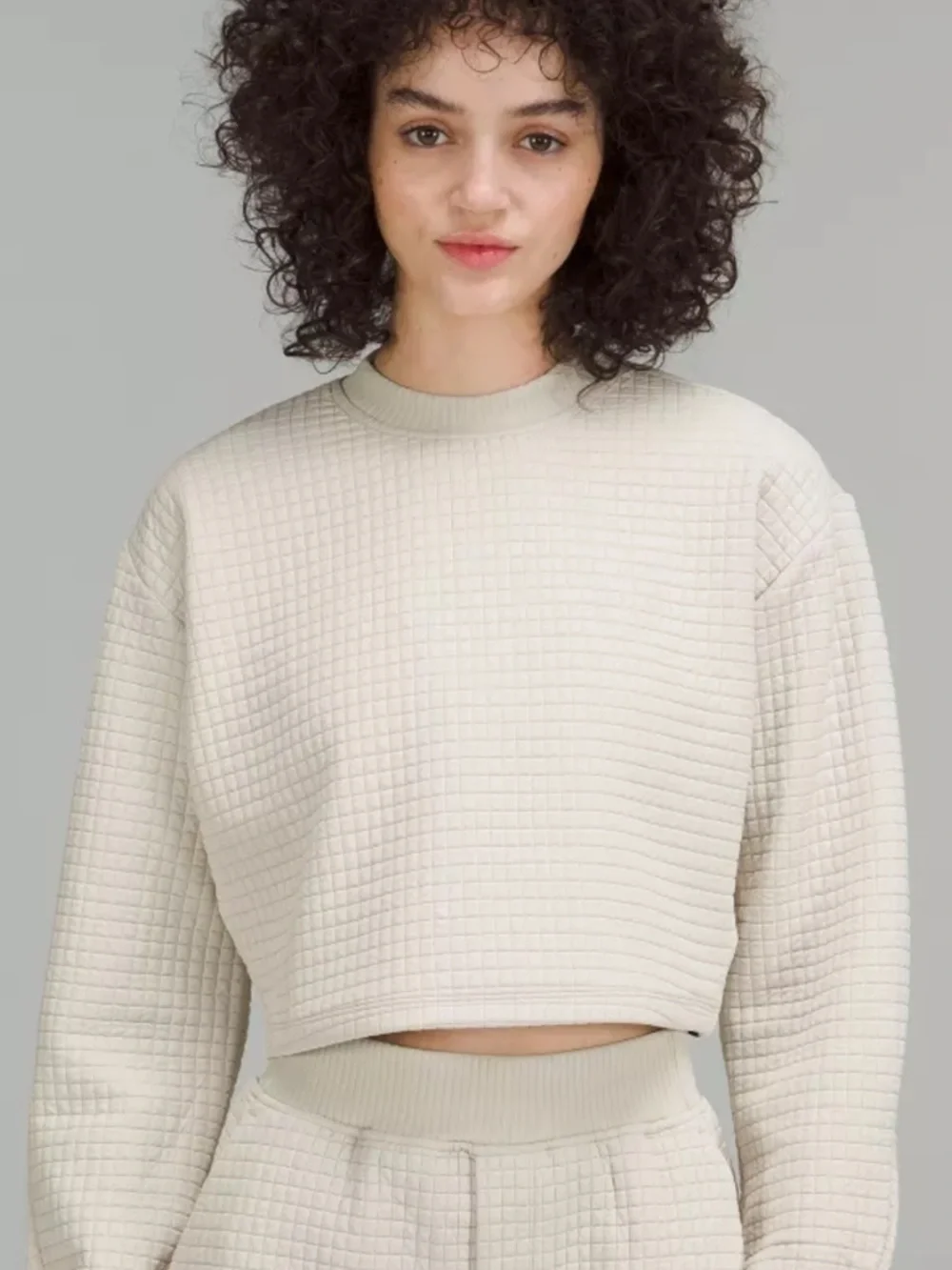 lululemon athletica Quilted Crewneck Sweatshirt in Light Beige with Neon Trim